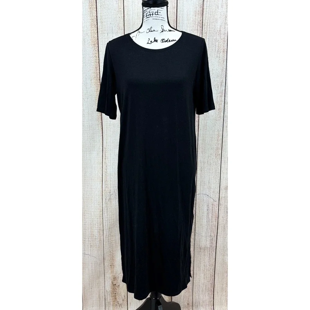 Eileen Fisher Black Round‎ Neck Short Sleeve Midi Dress Side Slit XS NWT $198